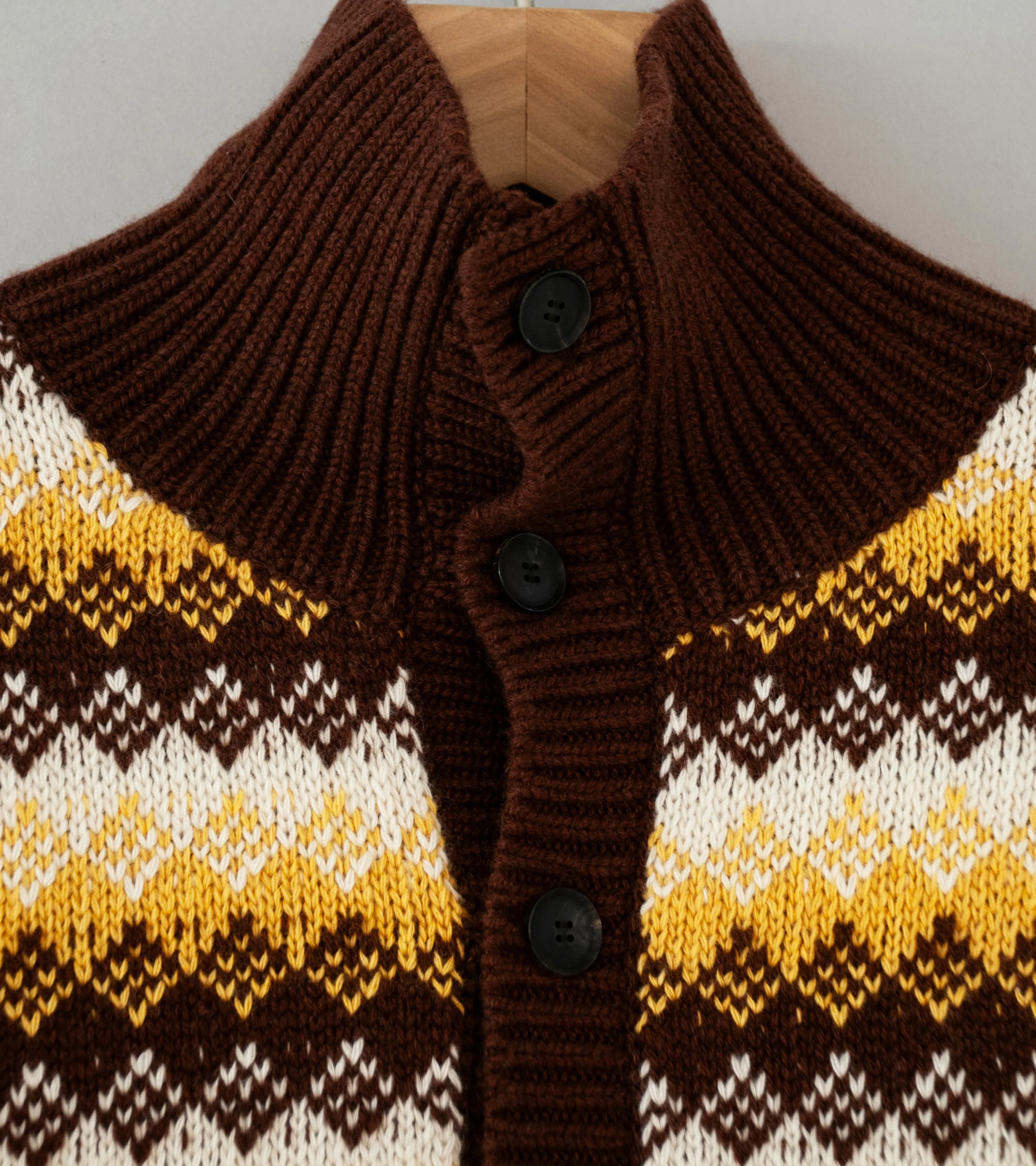 Auralee 'Cashmere Jacquard Knit High Neck Cardigan' (Burgundy Yellow) - Image 7