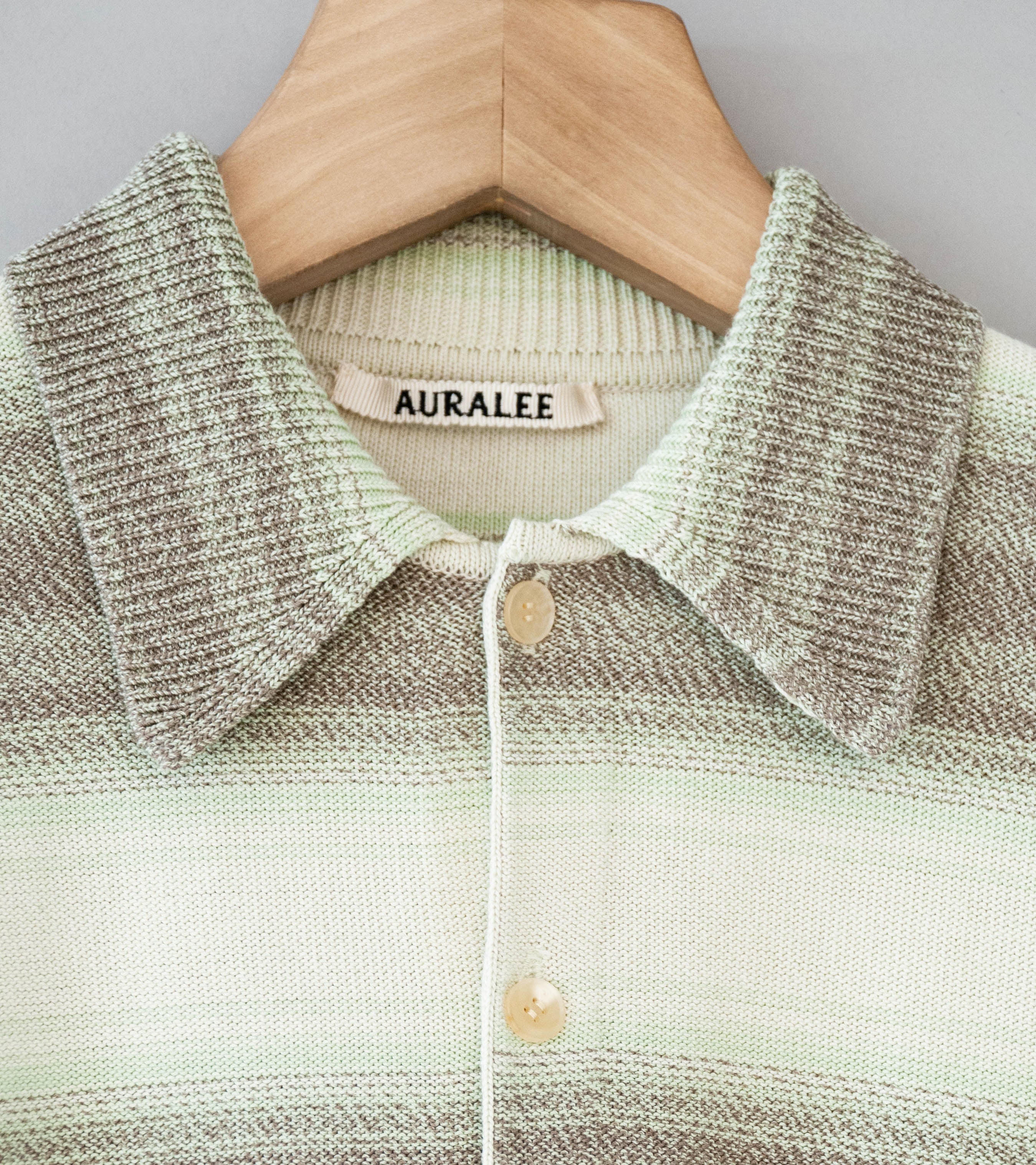 Auralee 'Cotton Silk Gradient Stripe Knit Shirt Cardigan' (Lime Gray Stripe) - Image 6