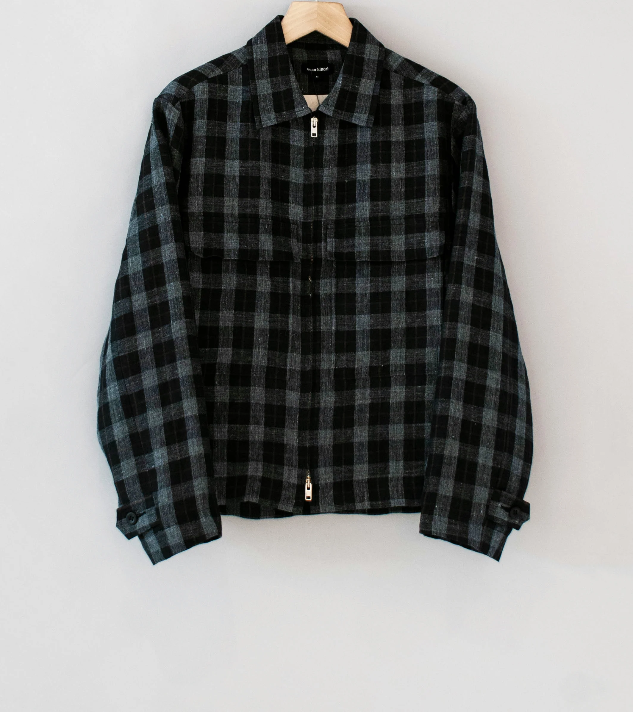Evan Kinori 'Zip Jacket' (Charcoal Brown Black Yarn Dye Linen Check)